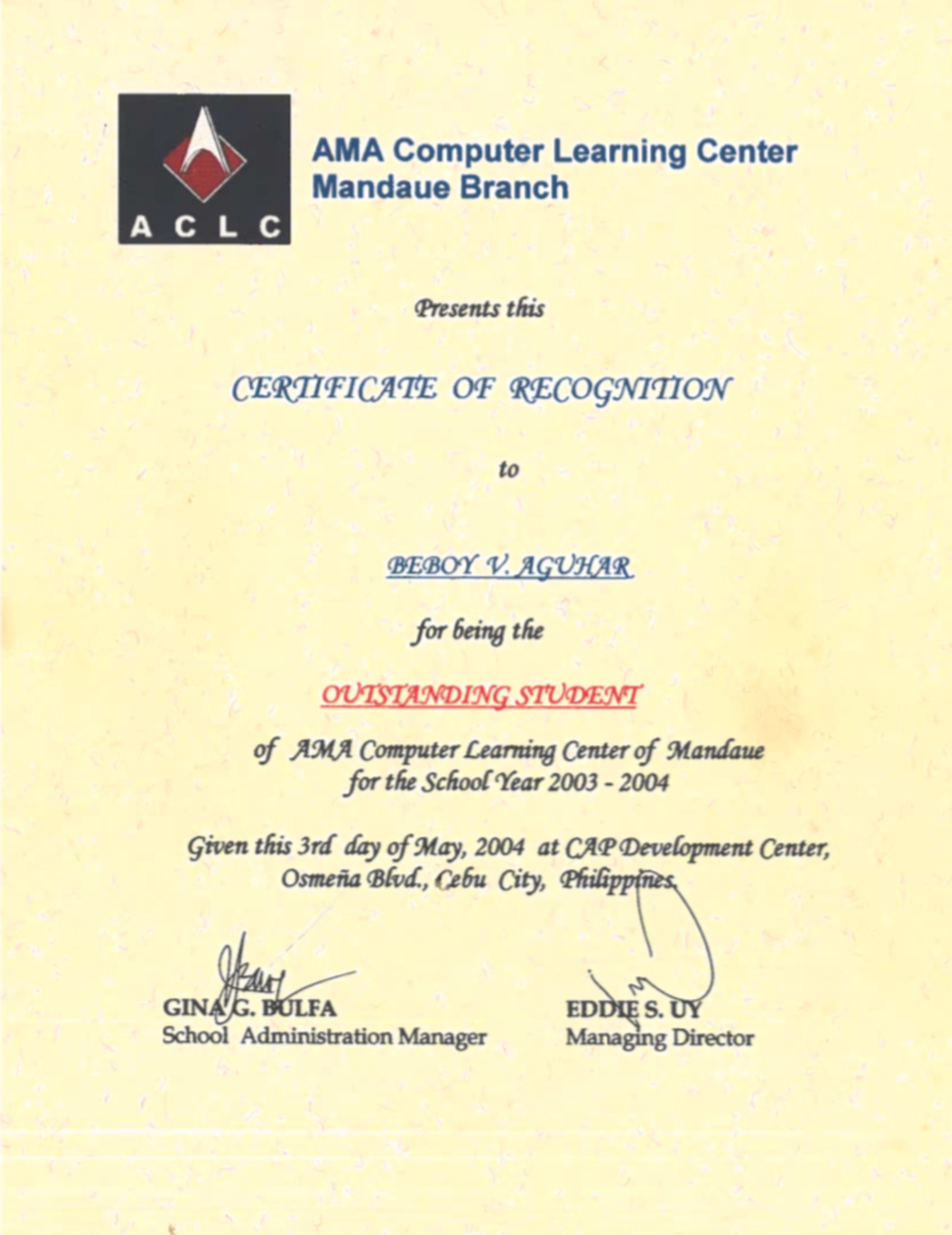 Outstanding Student Certificate