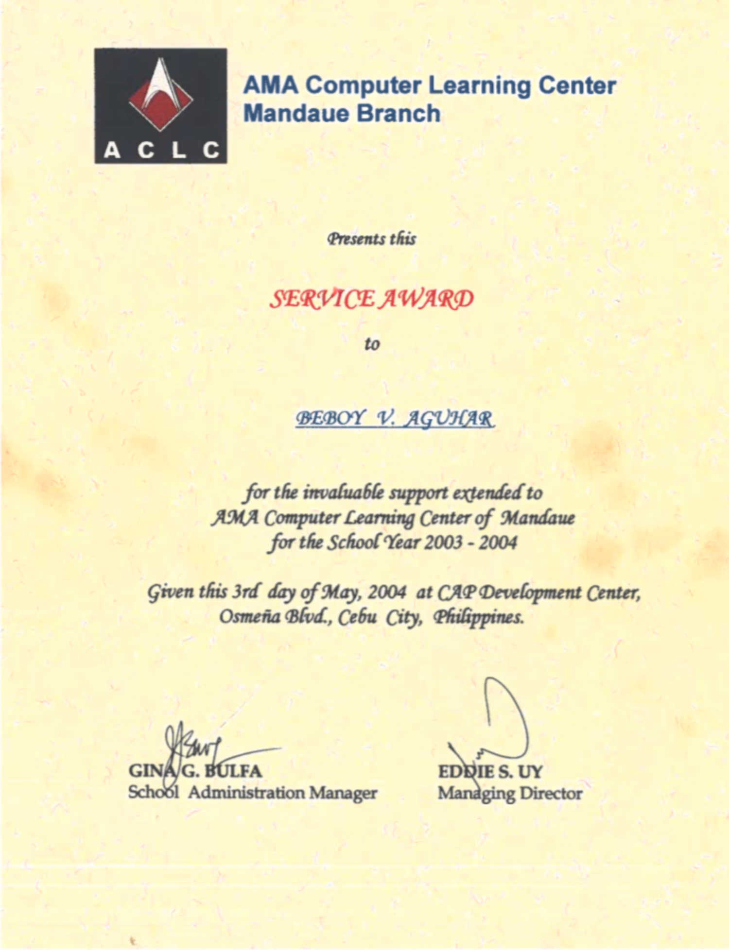 Service Award Certificate